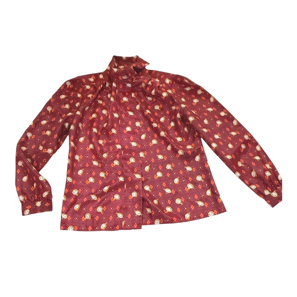 Vintage Prykette's Burgundy Clock Print Blouse High Neck Long Sleeve Top